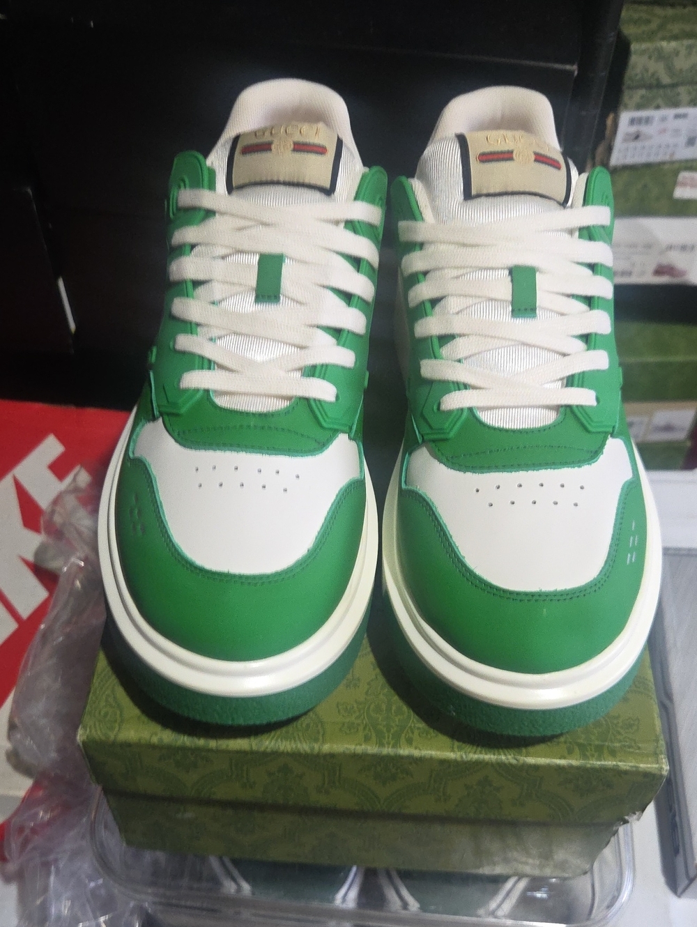 Gucci Green and White Low-Top Leather Sneakers with Red Logo Accent